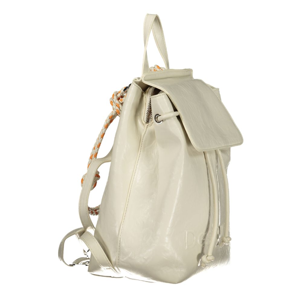 Mini Drawstring Backpack by Desigual for women in polyethylene white, signature & print features a stately Ecru Luena Polyethylene Mini Drawstring Backpack design, showcasing a secure snap, zipper & drawstring, ample built-in-compartments, external-pockets & cardholder, and versatile backpack-strap, adjustable-strap & handle for a stately finish.