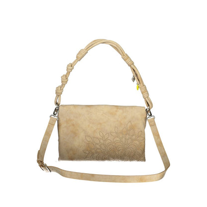 Handbag by Desigual for women in polyurethane beige & sand features an refined silhouette, showcasing a secure zipper & magnetic, ample built-in-compartments, external-pockets, internal-pockets & cardholder, and versatile shoulder-strap, adjustable-strap & handle for a sophisticated refined aesthetic.