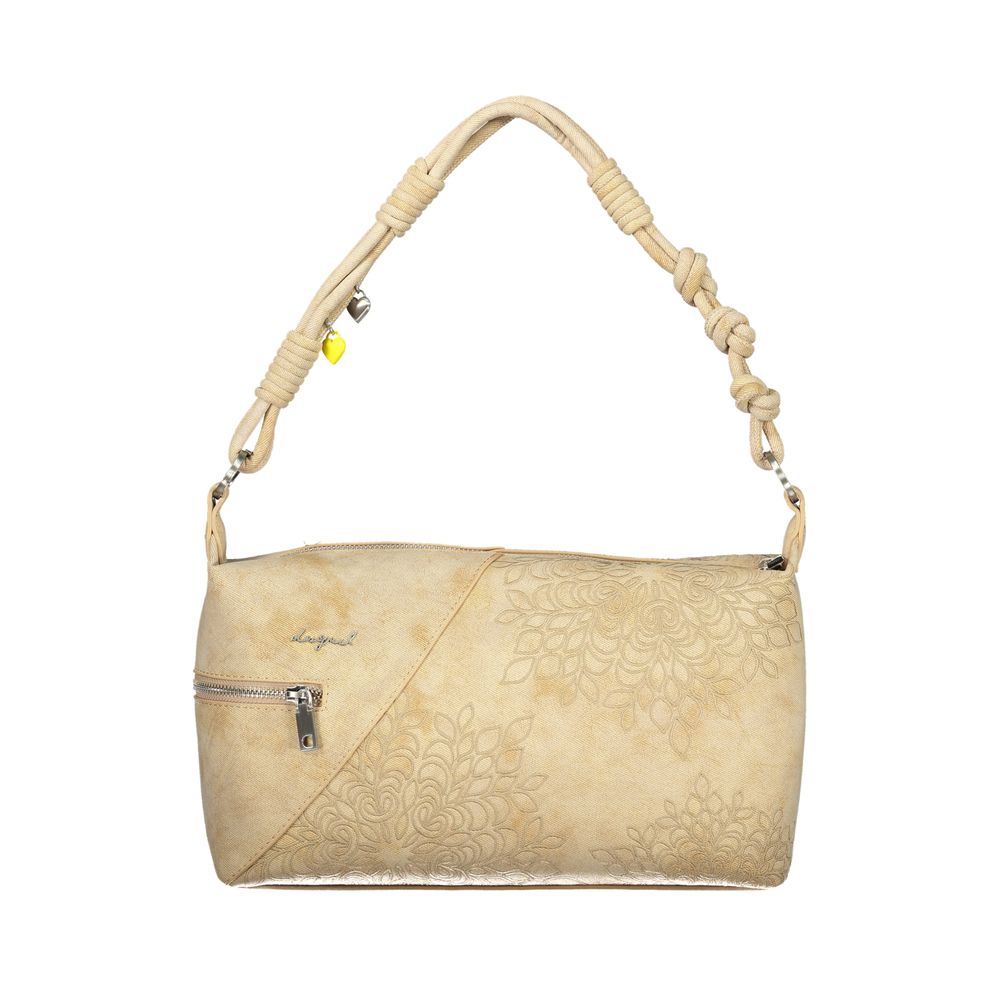 This Handbag by Desigual for women in polyurethane and beige & sand presents a sculptural silhouette featuring a secure zipper, ample built-in-compartments, external-pockets & cardholder, and versatile adjustable-strap & handle for a sculptural finish.