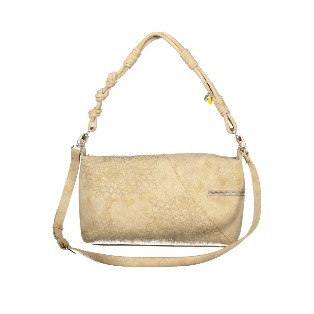 Handbag by Desigual for women in polyurethane beige & sand features a ornamental silhouette, showcasing a secure zipper, ample built-in-compartments, external-pockets & cardholder, and ornamental adjustable-strap & handle for a sophisticated look.