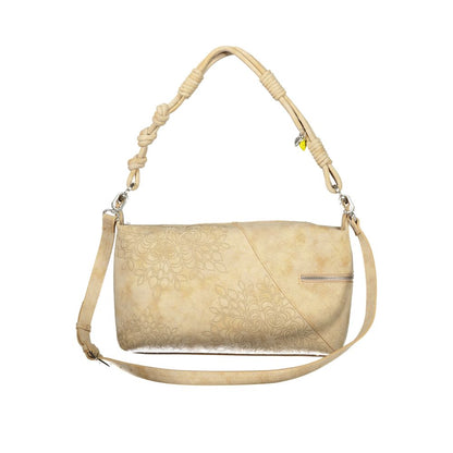 Handbag by Desigual for women in polyurethane beige & sand features a ornamental silhouette, showcasing a secure zipper, ample built-in-compartments, external-pockets & cardholder, and ornamental adjustable-strap & handle for a sophisticated look.