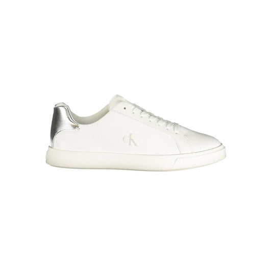 Sneakers by Calvin Klein for women in polyester silver, white & print presents a sumptuous silhouette from the Women's Low-Top Polyester Sneakers collection, showcasing a sumptuous low-top style for an elevated aesthetic.