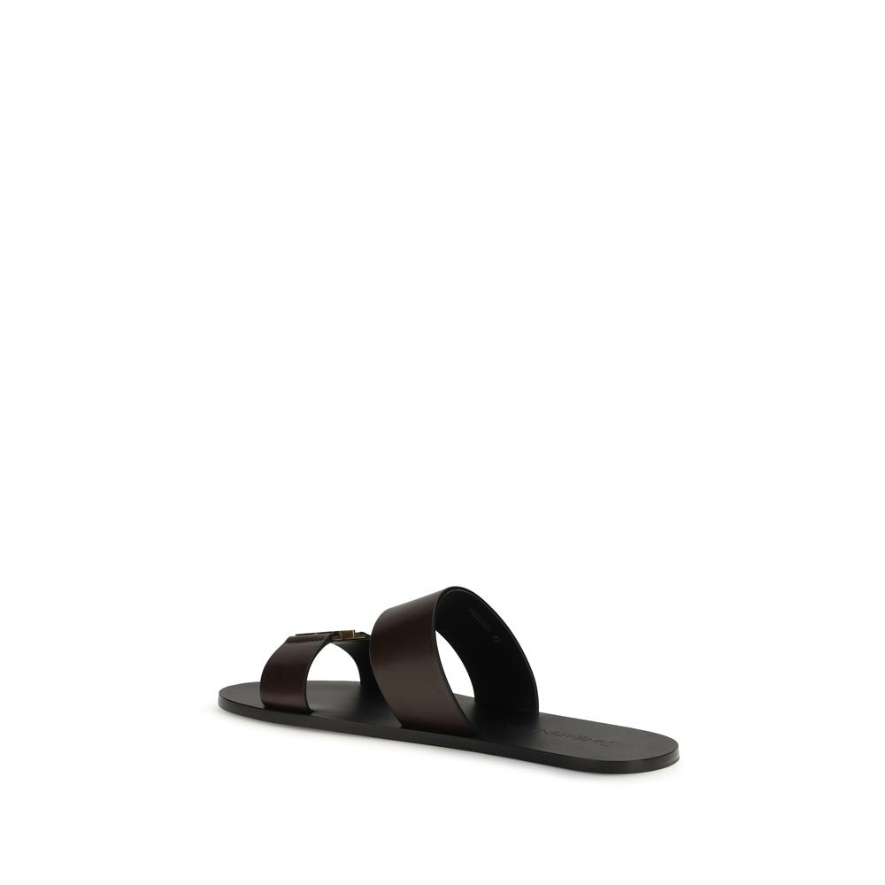 Flat Sandals by Saint Laurent for men in bos taurus calfskin leather brown & gold features an statuesque Cassandre Men's Bos Taurus Calfskin Leather Flat Sandals silhouette with a refined flat and elegant .