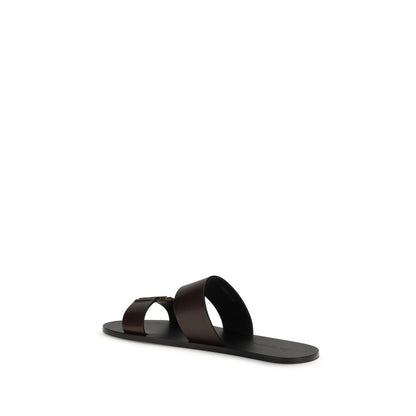 Flat Sandals by Saint Laurent for men in bos taurus calfskin leather brown & gold features an statuesque Cassandre Men's Bos Taurus Calfskin Leather Flat Sandals silhouette with a refined flat and elegant .