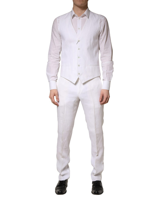This Pant Suit by Dolce & Gabbana for men in linen white presents a discerning silhouette, featuring a sophisticated and a discerning slim for a refined and polished look.