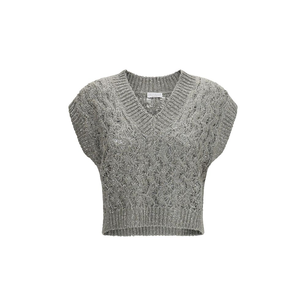 Sweatshirt by Brunello Cucinelli for women in linen polyamide polyester & silk bicolour showcases a slouchy chic silhouette, artfully detailed with a slouchy chic v-neck neckline and sleeveless for a slouchy chic finish.