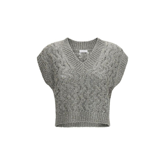 Sweatshirt by Brunello Cucinelli for women in linen polyamide polyester & silk bicolour showcases a slouchy chic silhouette, artfully detailed with a slouchy chic v-neck neckline and sleeveless for a slouchy chic finish.