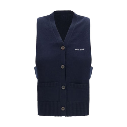 Cardigan by Miu Miu for women in cashmere blue & signature features a dramatic silhouette, showcasing a sophisticated v-neck neckline and dramatic sleeveless detail for a timeless, premium look.