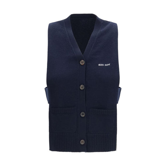 Cardigan by Miu Miu for women in cashmere blue & signature features a dramatic silhouette, showcasing a sophisticated v-neck neckline and dramatic sleeveless detail for a timeless, premium look.