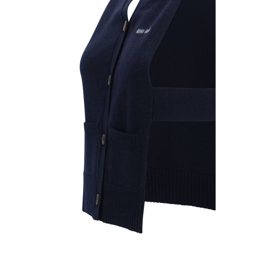 Cardigan by Miu Miu for women in cashmere blue & signature presents a textural silhouette, artfully finished with a textural and for a sophisticated, textural look.