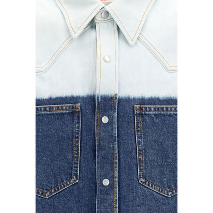 Shirt by Marni for men in denim cotton gradient & blue showcases a sharp silhouette, elegantly detailed with a sharp and sharp .