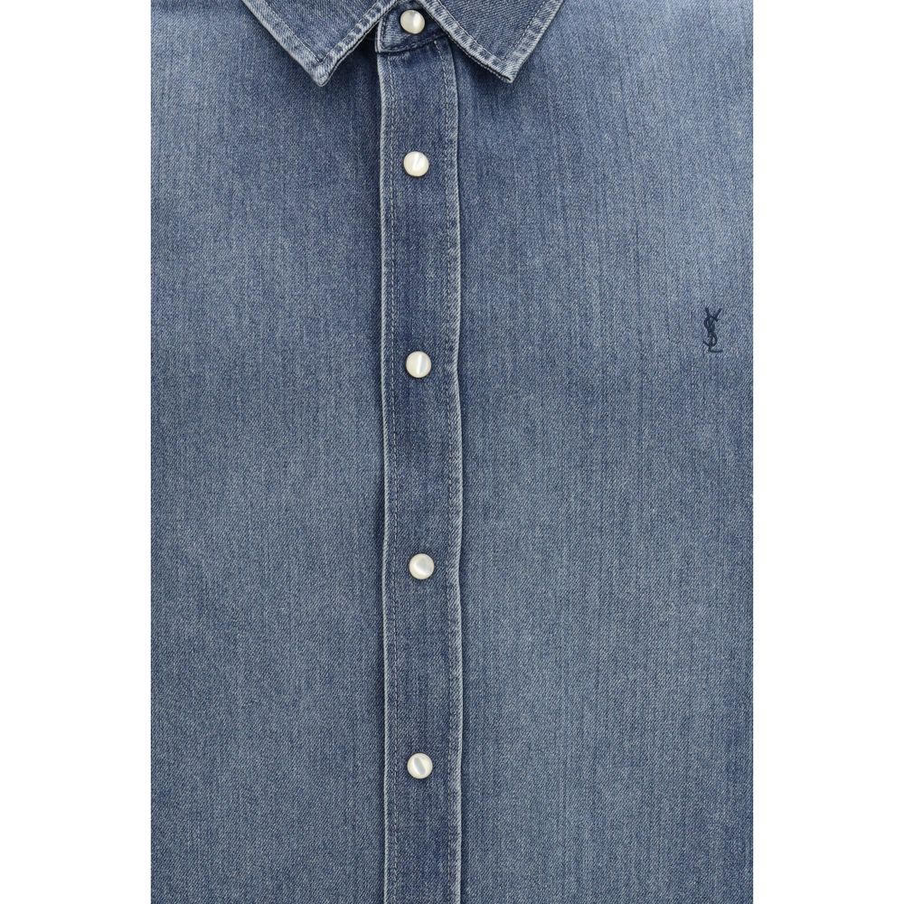 Shirt by Saint Laurent for men in denim cotton blue, featuring a nuanced and nuanced for a sophisticated finish.