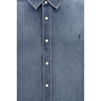 Shirt by Saint Laurent for men in denim cotton blue, featuring a nuanced and nuanced for a sophisticated finish.