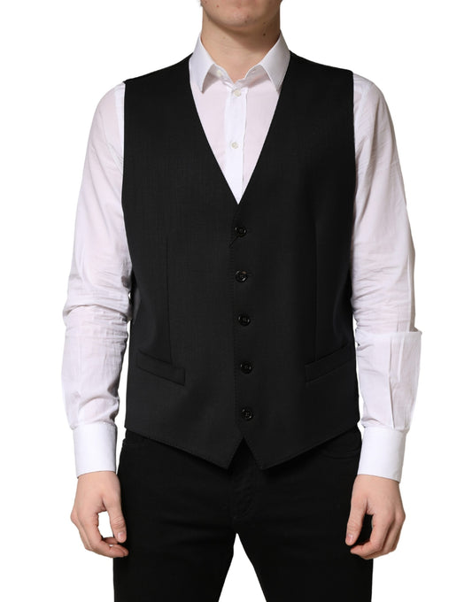 Vest by Dolce & Gabbana for men in flax nylon silk & virgin wool black showcases a dynamic silhouette, perfectly balancing with a dynamic single-breasted neckline for a sophisticated, high-fashion look.