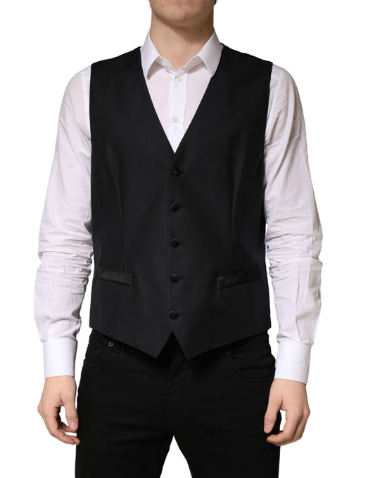 Vest by Dolce & Gabbana for men in flax nylon silk & virgin wool black features a chic silhouette, expertly detailed with a refined single-breasted neckline and premium for a truly chic look.