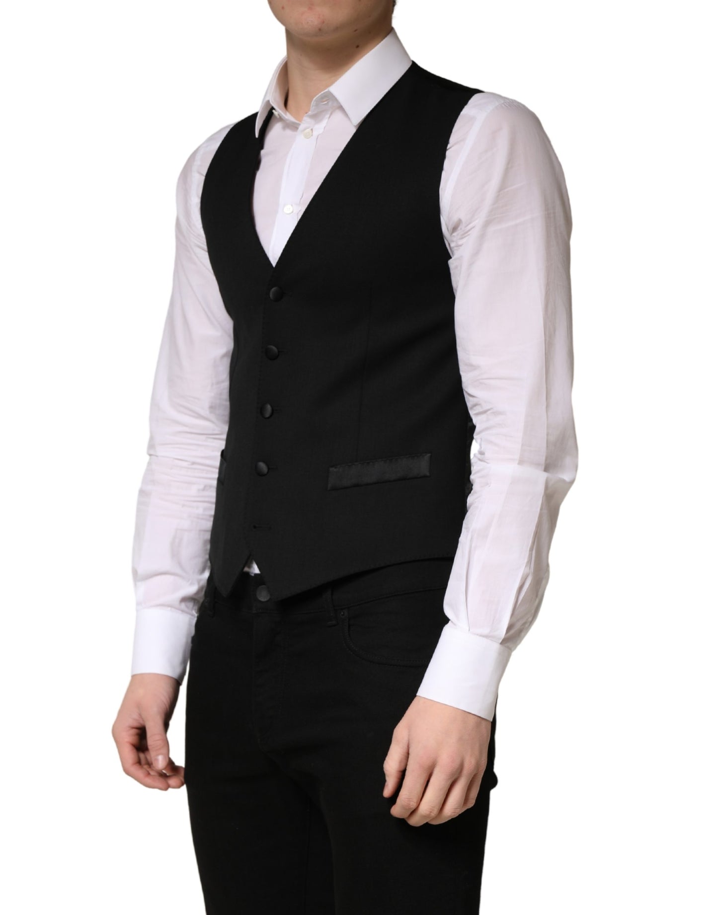 Dolce & Gabbana Black Wool Single Breasted Men Waistcoat Vest