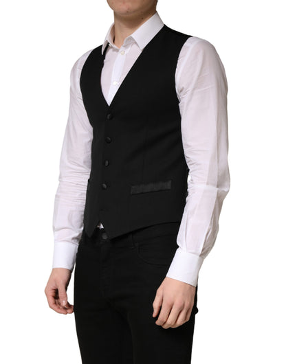 Dolce & Gabbana Black Wool Single Breasted Men Waistcoat Vest