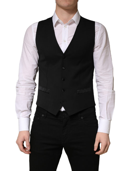 Vest by Dolce & Gabbana for men in wool silk & viscose black features an contemporary silhouette, showcasing refined and a contemporary single-breasted neckline for a sophisticated layered look.