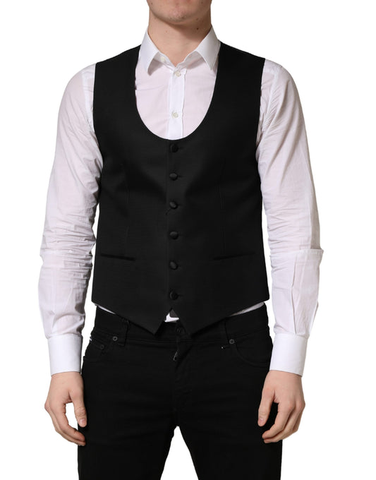 Vest by Dolce & Gabbana for men in virgin wool viscose silk & polyester black features a enviable silhouette, elegantly detailed with a enviable single-breasted neckline and functional for a enviable finish.