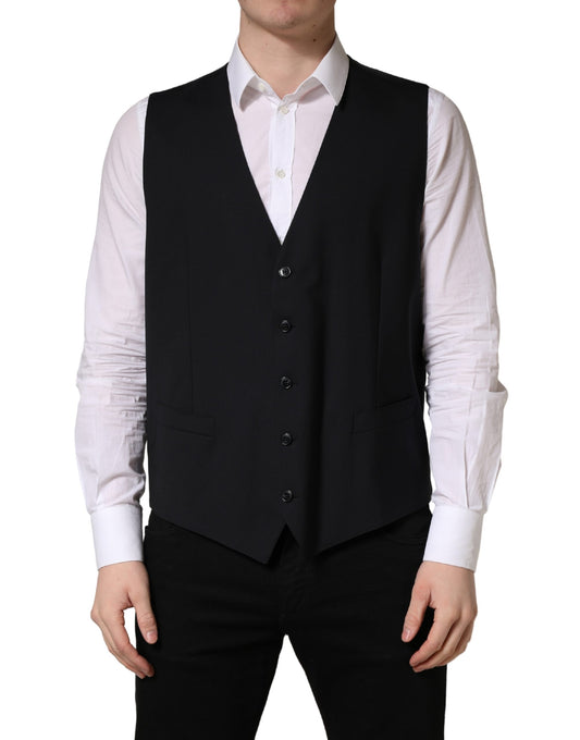 Vest by Dolce & Gabbana for men in virgin wool viscose & cupro black showcases a utilitarian silhouette, artfully incorporating and a utilitarian single-breasted neckline for a truly utilitarian finish.