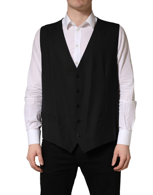Vest by Dolce & Gabbana for men in virgin wool viscose & cupro black features a stylish silhouette, showcasing distinct and a refined single-breasted neckline for a truly stylish finish.