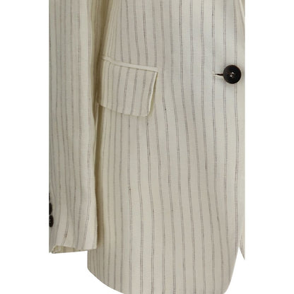 Blazer by Max Mara for women in linen polyester beige showcases a discerning silhouette, elegantly detailed with a sophisticated and premium for a truly discerning finish.