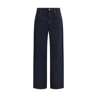 Casual Pants by Max Mara for women in cotton satin & leather blue features an sartorial regular-fit & wide and long with a cut for a sartorial finish.