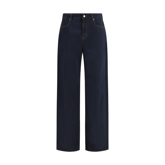 Casual Pants by Max Mara for women in cotton satin & leather blue features an sartorial regular-fit & wide and long with a cut for a sartorial finish.