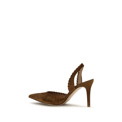 Stiletto Slingback Pumps Heels by Gianvito Rossi for women in bos taurus calf suede leather brown features an captivating silhouette, showcasing the elegant Women's Bos Taurus Calf Suede Leather Stiletto Slingback Pumps Heels design with a stiletto and a sophisticated almond toe style.