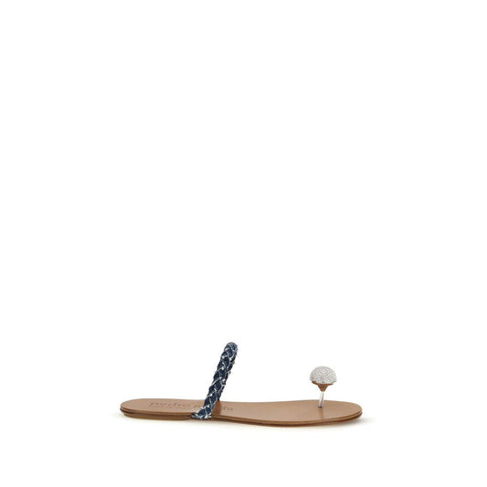 Flat Slider Thong Sandals by Pedro García for women in bos taurus calf leather & denim brown showcases a sculptural silhouette as Women's Bos Taurus Calf Leather & Denim Flat Slider Thong Sandals, defined by a sculptural flat and sculptural for a sculptural look.