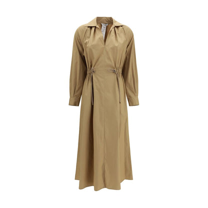 Dress by Max Mara for women in cotton beige features a dramatic silhouette, showcasing an elegant and long-sleeve that flows into a dramatic midi.