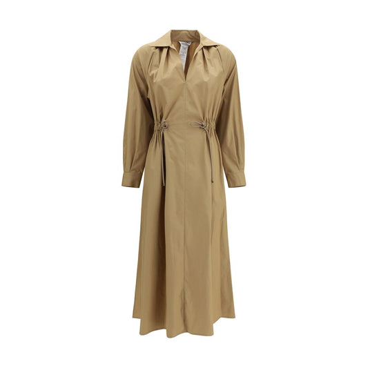 Dress by Max Mara for women in cotton beige features a dramatic silhouette, showcasing an elegant and long-sleeve that flows into a dramatic midi.