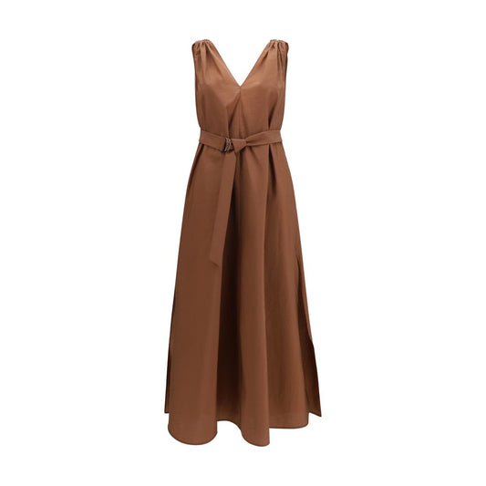 Dress by Brunello Cucinelli for women in polyamide & cotton brown features an cute silhouette, detailed with a and v-neck neckline that elegantly flows into a cute long.