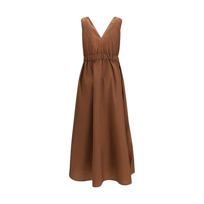 Dress by Brunello Cucinelli for women in polyamide & cotton brown features a dramatic silhouette, showcasing an elegant v-neck neckline and that flows into a dramatic long.