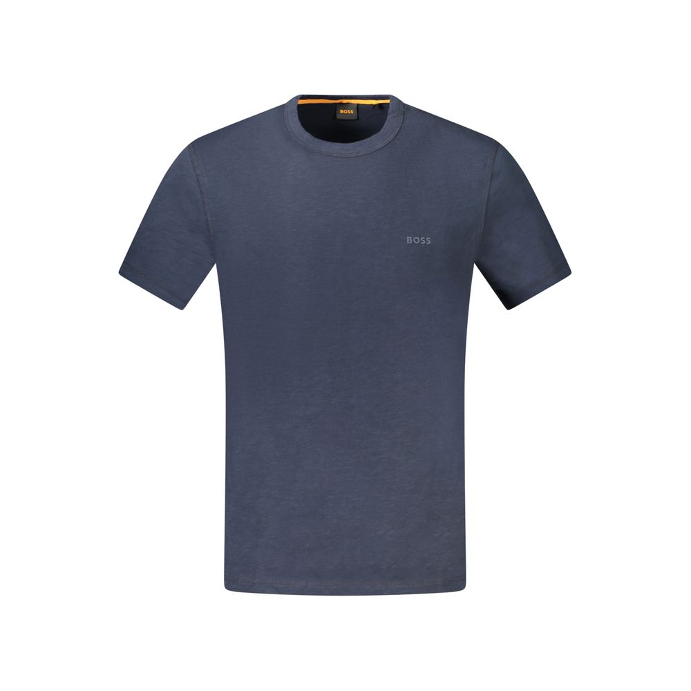 T-Shirt by Hugo Boss for men in cotton blue & print showcases a fashionable silhouette, elegantly detailed with a fashionable short-sleeve and crew neckline for a sophisticated, high-fashion look.