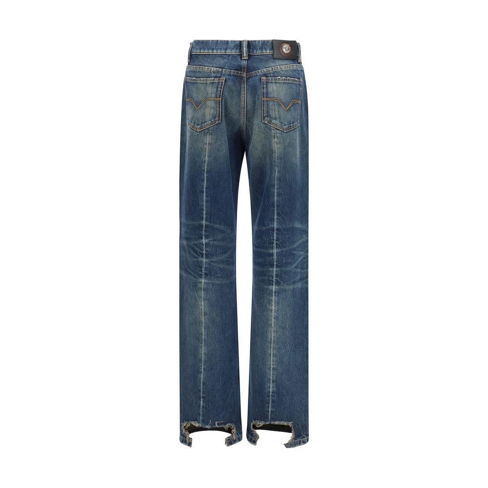 Jeans by Versace for women in denim cotton blue features a refined silhouette with a refined straight-leg & regular-fit, defined by a and a refined long for a refined finish.