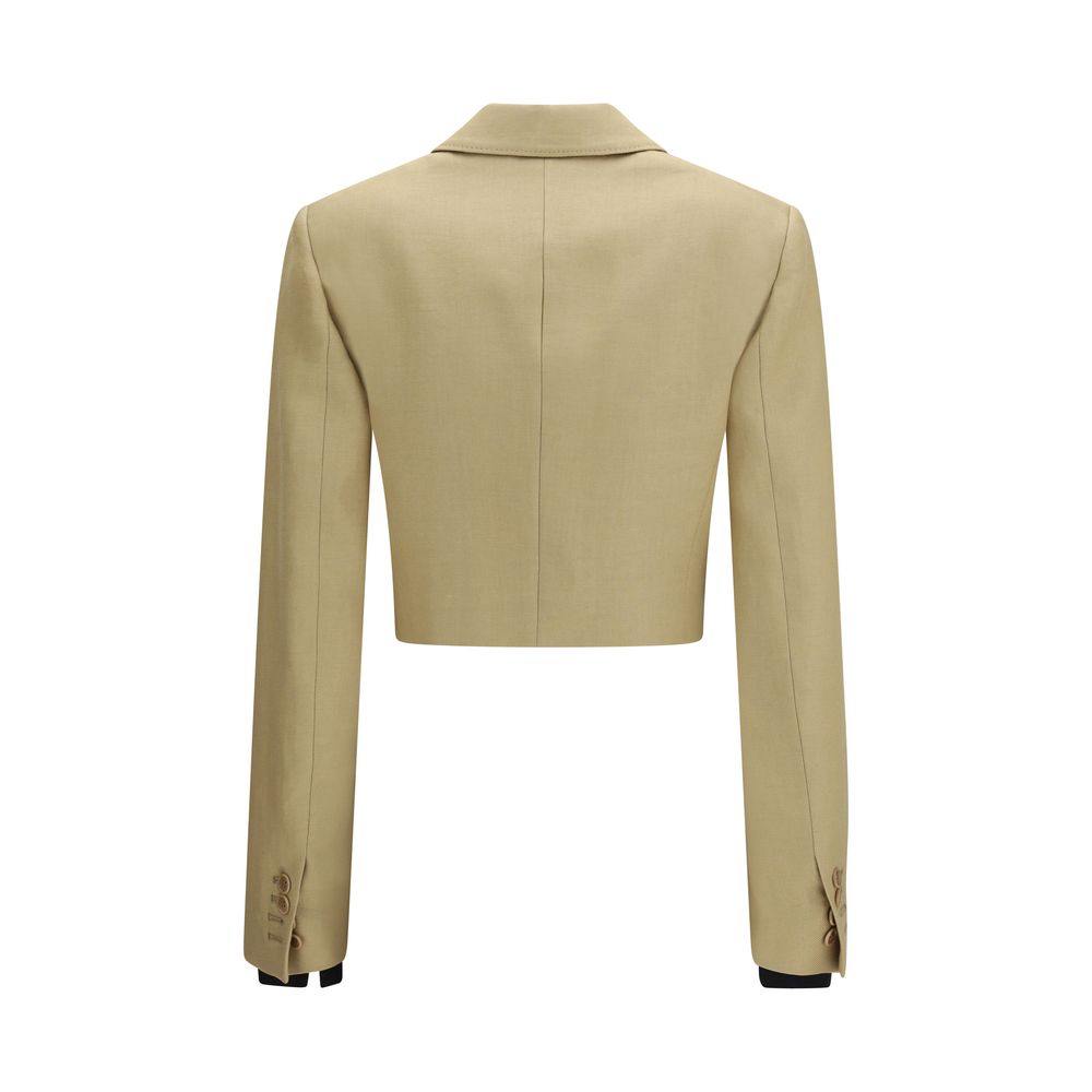 Trucker Jacket by Max Mara for women in linen & denim cotton beige features a dramatic silhouette, showcasing a sophisticated and distinctive for a dramatic aesthetic.
