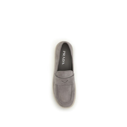 Loafer Slip-On Work Shoes by Prada for men in bos taurus calf suede leather gray, signature-print & print features an ergonomic silhouette, perfectly showcasing Men's Bos Taurus Calf Suede Leather Loafer Slip-On Work Shoes with its distinct and elegant round toe style.