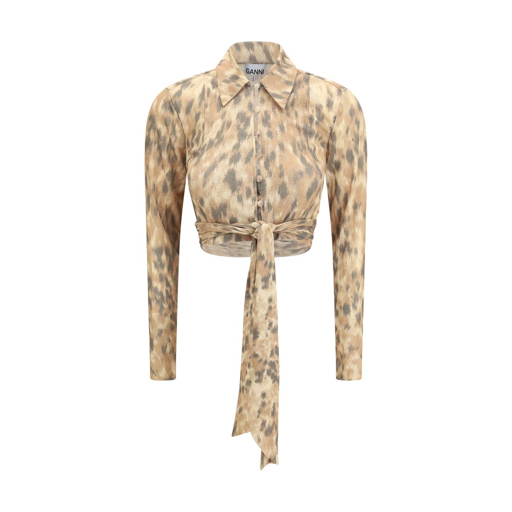 Blouse by Ganni for women in polyester & mesh beige features an architectural silhouette with a refined long-sleeve and elegant wrap neckline for a architectural look.
