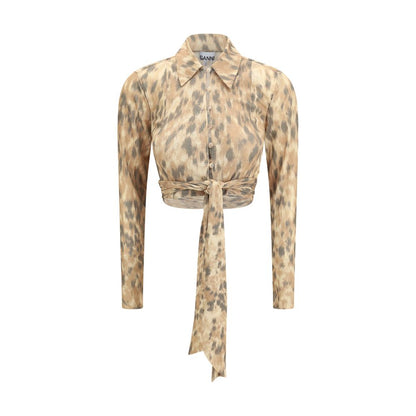 Blouse by Ganni for women in polyester & mesh beige features an architectural silhouette with a refined long-sleeve and elegant wrap neckline for a architectural look.