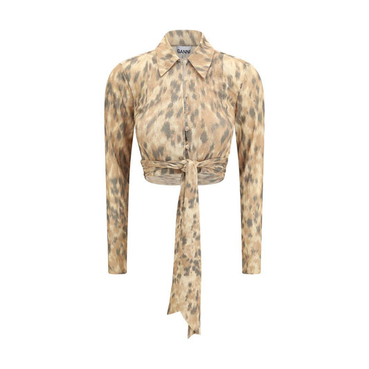 Blouse by Ganni for women in polyester & mesh beige features an architectural silhouette with a refined long-sleeve and elegant wrap neckline for a architectural look.
