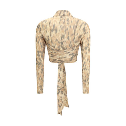 Blouse by Ganni for women in polyester & mesh beige showcases a sleek silhouette, elegantly detailed with a sleek wrap neckline and for a sleek finish.