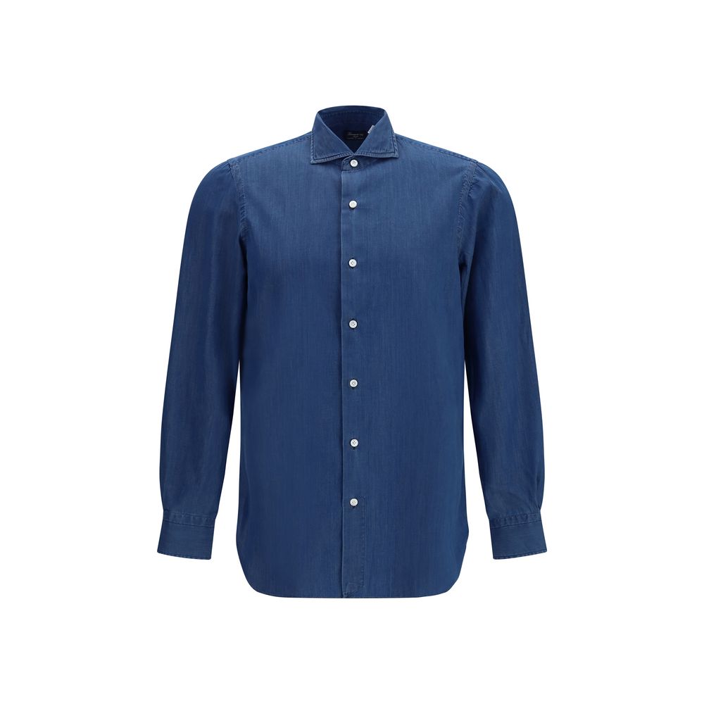 Shirt by Finamore for men in cotton blue showcases a sleek silhouette, elegantly detailed with a sleek and long-sleeve for a sleek finish.