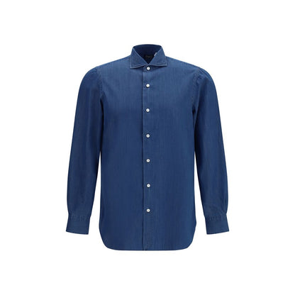 Shirt by Finamore for men in cotton blue showcases a sleek silhouette, elegantly detailed with a sleek and long-sleeve for a sleek finish.