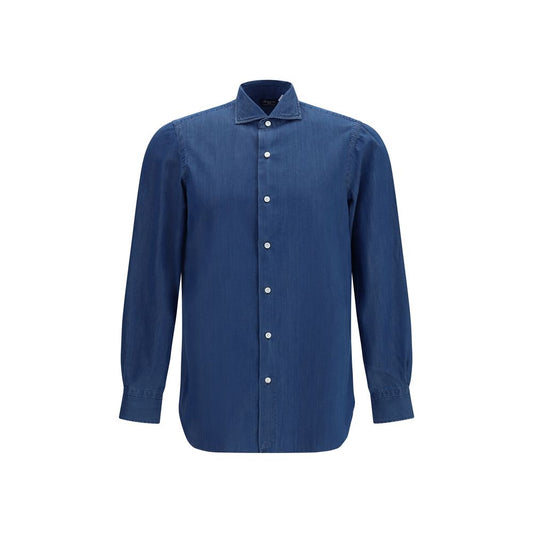 Shirt by Finamore for men in cotton blue showcases a sleek silhouette, elegantly detailed with a sleek and long-sleeve for a sleek finish.