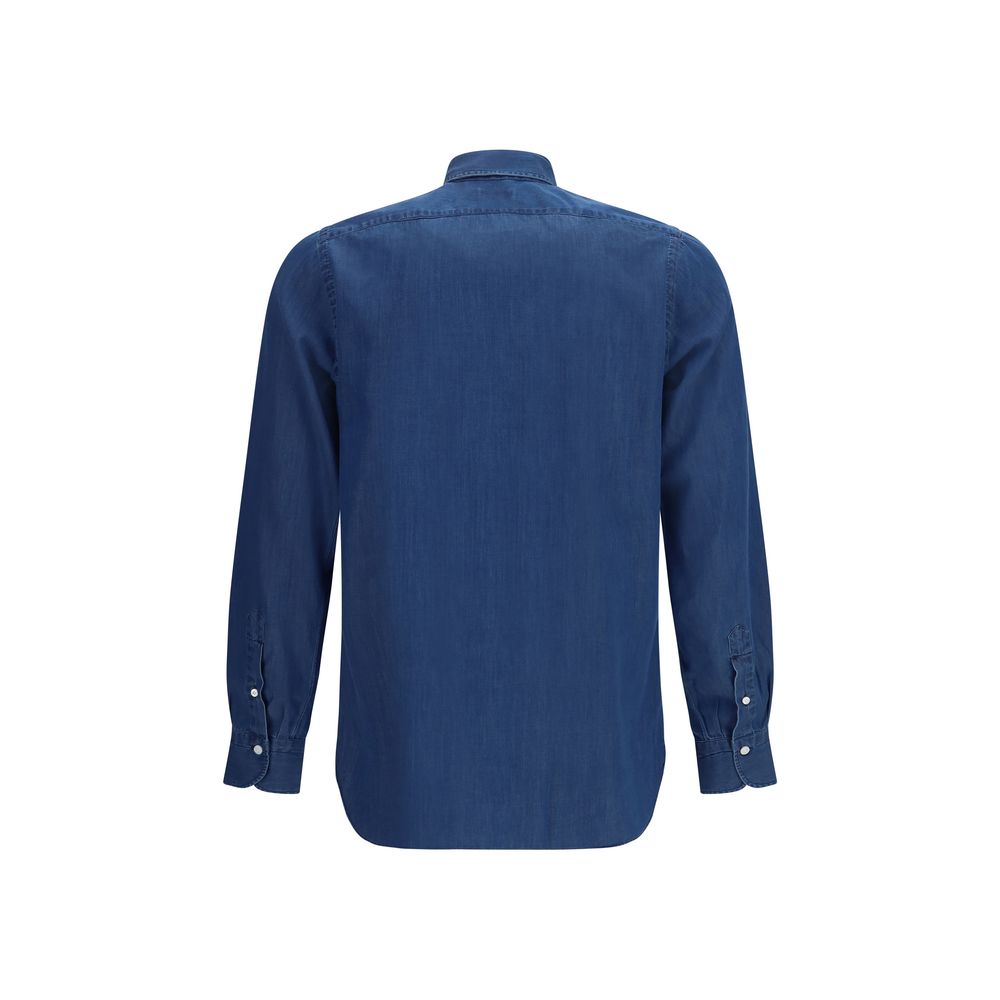Shirt by Finamore for men in cotton blue features an architectural silhouette with a refined and elegant for a architectural look.