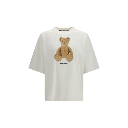 T-Shirt by Palm Angels for men in cotton white & print showcases a fashionable silhouette, elegantly detailed with a fashionable short-sleeve and crew neckline for a sophisticated, high-fashion look.