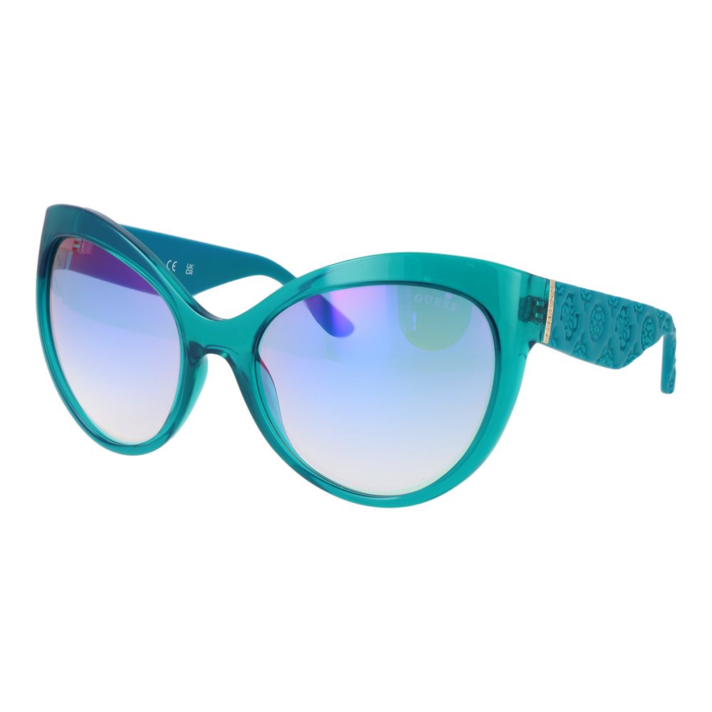 Sunglasses by Guess for women in stainless steel turquoise features a sumptuous silhouette, showcasing a sumptuous butterfly full-rim frame design in turquoise coloured frame with high-performance mirrored category-1-light-tint lens.
