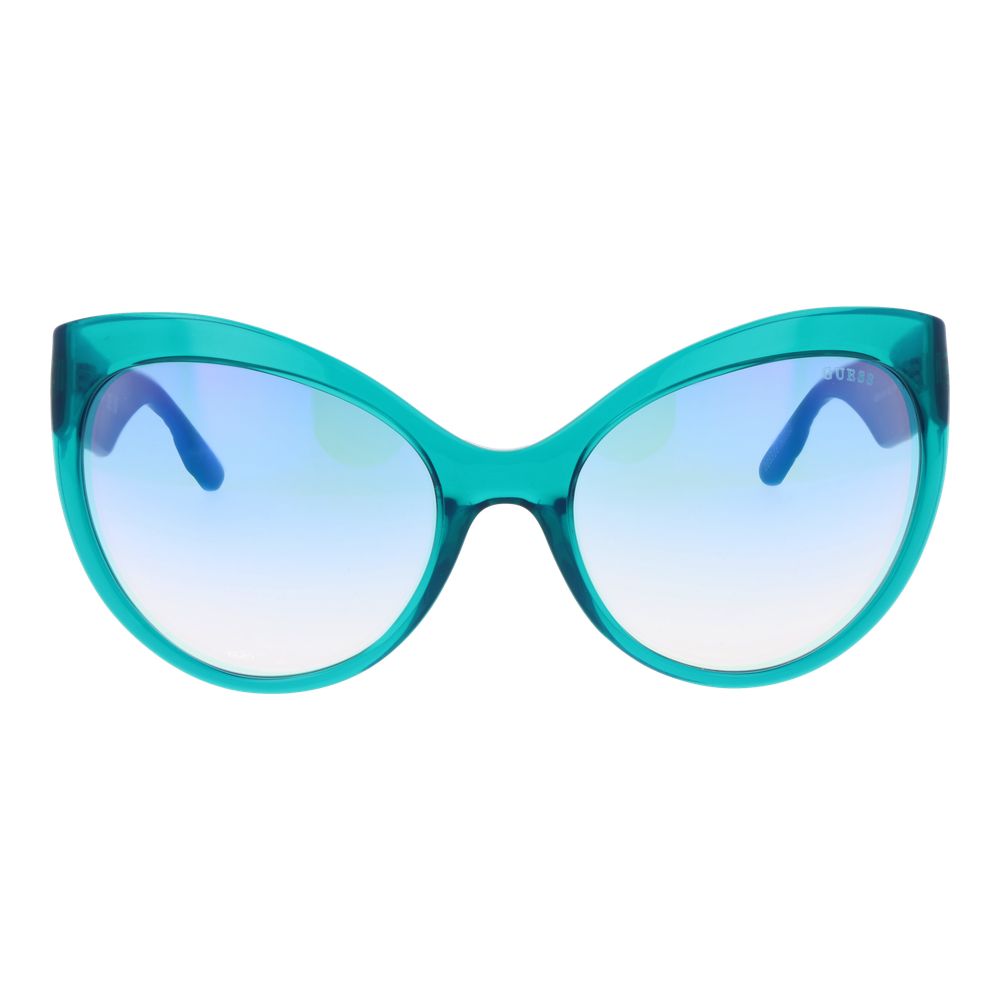 Sunglasses by Guess for women in stainless steel turquoise features an ethereal butterfly full-rim frame design with turquoise coloured frame frames and mirrored category-1-light-tint lens for a ethereal finish.