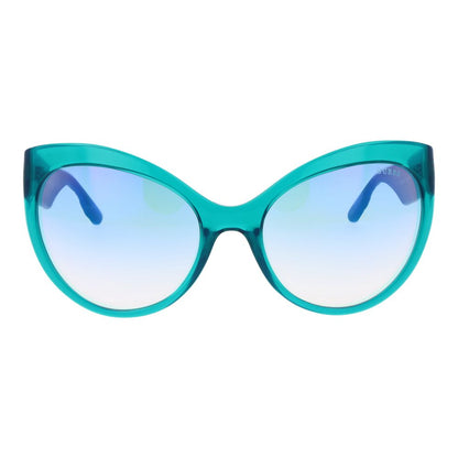 Sunglasses by Guess for women in stainless steel turquoise features an ethereal butterfly full-rim frame design with turquoise coloured frame frames and mirrored category-1-light-tint lens for a ethereal finish.